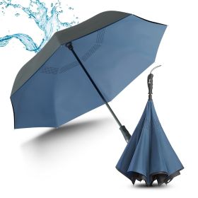 Reverse Umbrella with Sturdy Shaft 8 Reinforced Ribs Teflon Coating Black Navy Blue Inverted Umbrella Compact Windproof Upside Down Umbrella for