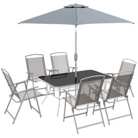 Outsunny 8 Piece Patio Dining Set with Table Umbrella, 6 Folding Chairs and Rectangle Dining Table, Outdoor Patio Furniture Set, Gray