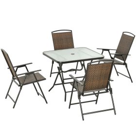 Outsunny 5 Pieces Wicker Patio Dining Set, Foldable Outdoor Table and Chairs, Wicker Furniture Dining Set with Umbrella Hole, Tempered Glass Tabl