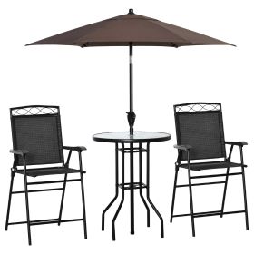 Outsunny 4 Piece Outdoor Patio Dining Furniture Set, 2 Folding Chairs, Adjustable Angle Umbrella, Wave Textured Tempered Glass Dinner Table, Blac