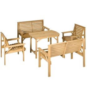 5 Piece Wooden Patio Dining Set for 6, Outdoor Conversation Set with 2 Armchairs, 2 Loveseats, and Dining Table with Umbrella Hole for Backyard