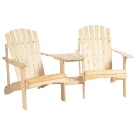 Outsunny Wooden Adirondack Chair for Two, Outdoor Fire Pit Chair Set with Table & Umbrella Hole, Patio Chairs for Deck Lawn Pool Backyard, Natura