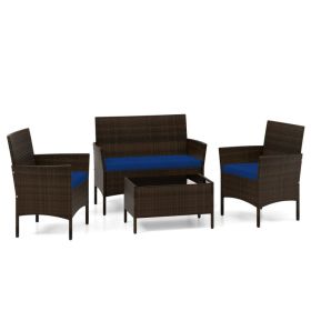 4 Piece Patio Rattan Conversation Set with Cozy Seat Cushions (Color: Navy)