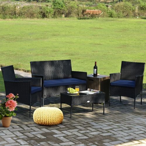 4 Pieces Patio Rattan Cushioned Sofa Set with Tempered Glass Coffee Table 4 Pieces Patio Rattan Cushioned Sofa Set with Tempered Glass Coffee Table