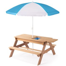 3-in-1 Kids Outdoor Wooden Picnic Table With Umbrella, Convertible Sand & Wate, Gray ASTM & CPSIA CERTIFICATION (Color: as Pic)