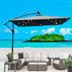 Square 2.5X2.5M Outdoor Patio Umbrella Solar Powered LED Lighted Sun Shade Market Waterproof 8 Ribs Umbrella with Crank and Cross Base for Garden (Color: as Pic)